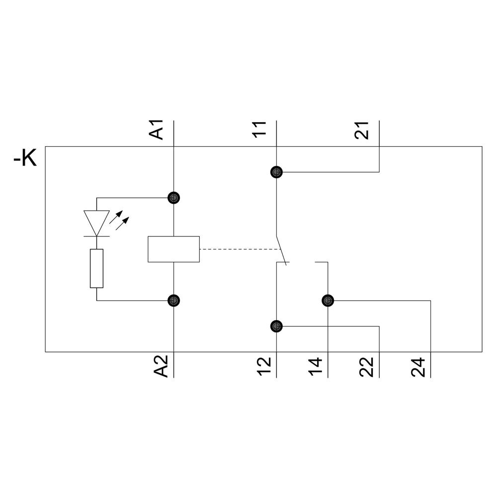 Schaltplan mit Relais: Spule an A1, A2; Schließer zwischen 11, 14; Öffner zwischen 21, 24; Leuchtdiode parallel zur Spule.