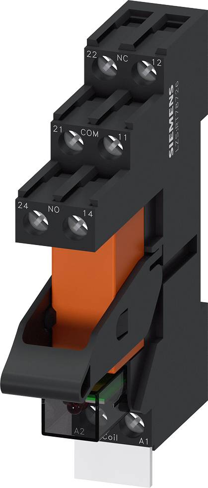 Ein schwarzes, elektronisches Bauteil mit orangenem Hebel und sichtbaren Schraubanschlüssen. Marke 'Siemens' ist aufgedruckt.