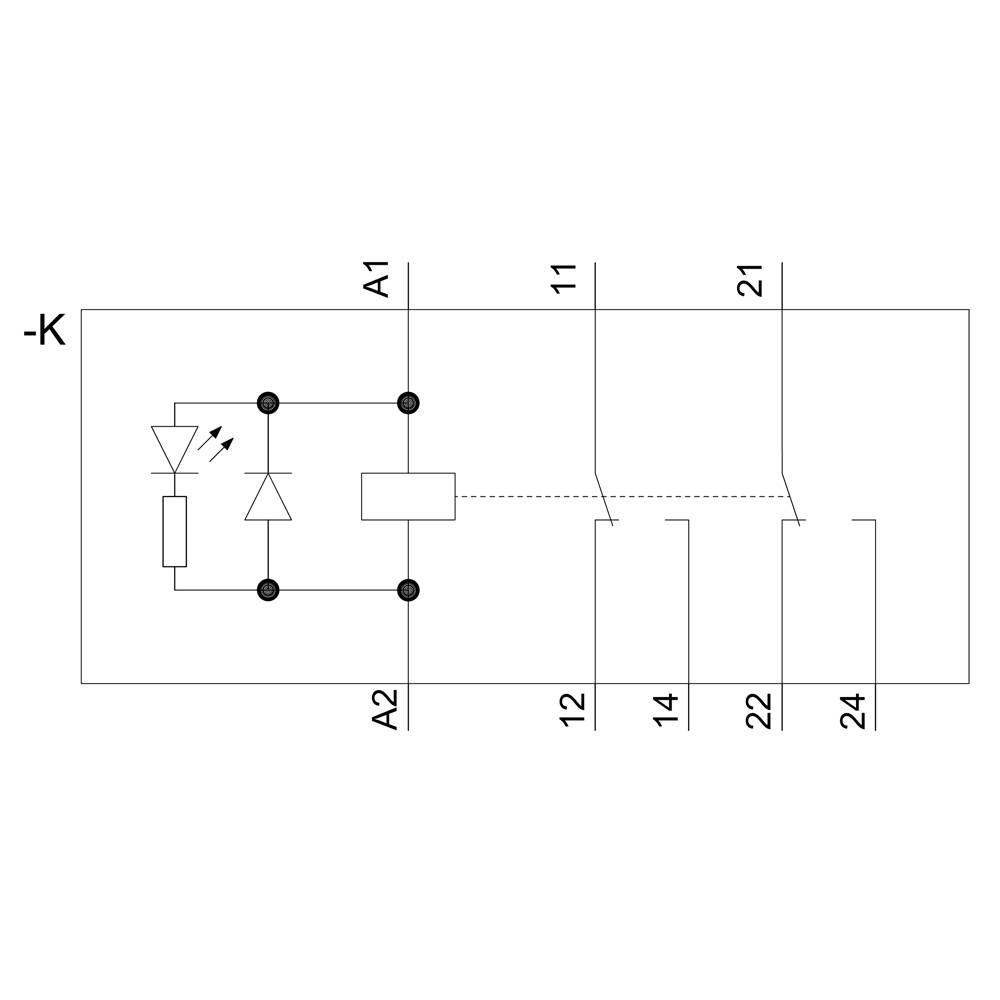 Schaltplan eines Relais mit Spulenanschlüssen A1 und A2 sowie Schaltkontakte 11-12, 21-22, 14-24; enthält eine Diode und LED.