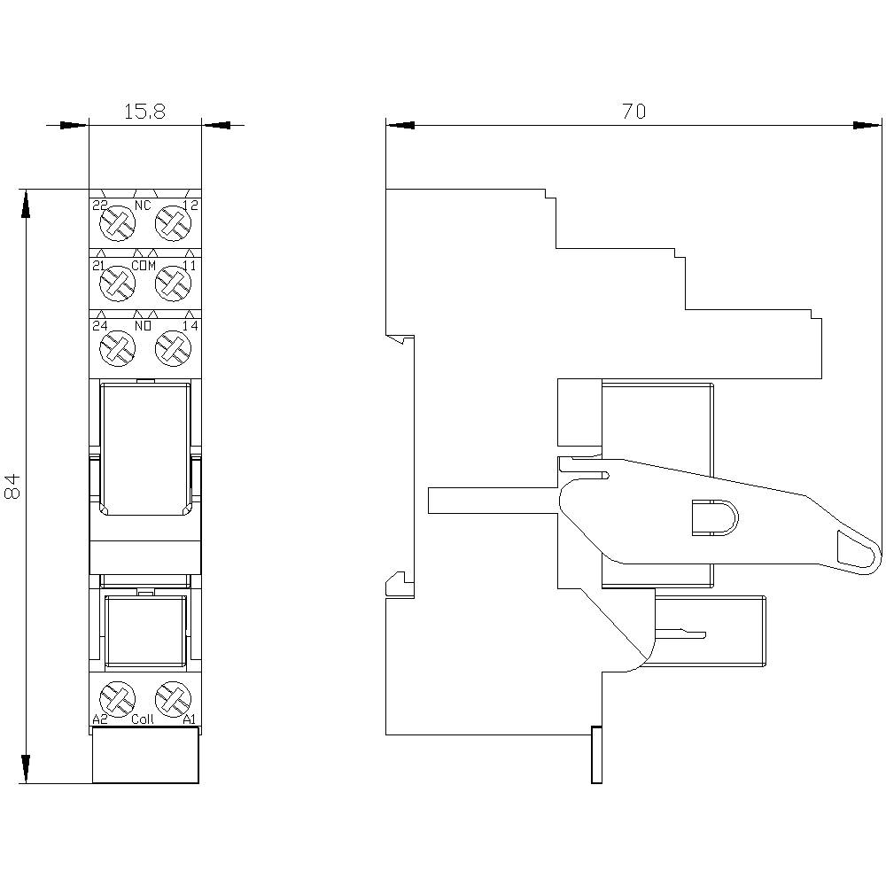 Ein technisches Diagramm zeigt die Seiten- und Vorderansicht eines elektrischen Relais mit Maßen: 15,8 x 84 x 70 mm.
