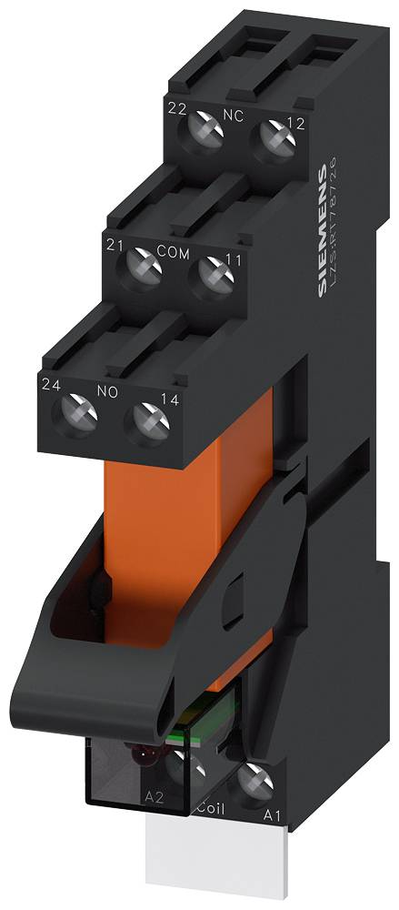 Siemens Relais mit orangefarbenem Einsatz, vier Anschlusspunkten oben, sichtbarem grünen und rotem Element unten.
