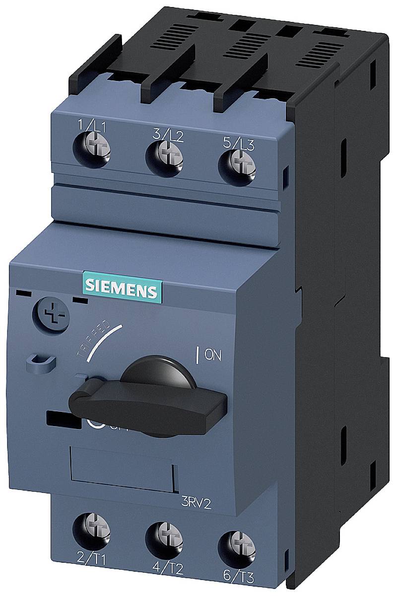 Siemens 3RV2 Leitungsschutzschalter, Drehschalter auf Ein, mit blauer Frontplatte und schwarzen Anschlussklemmen.