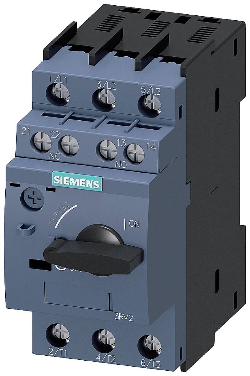Elektrischer Leistungsschalter von Siemens, dunkelblaues Gehäuse, mit mehreren Anschlussklemmen und einem schwarzen Drehschalter vorn.