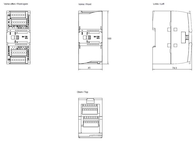 Schaltschrank-Abmessungszeichnung mit Vorder-, Seiten- und Draufsicht mit Maßen: Vorderansicht offen 100, Seitenansicht 74,5, Vorderansicht 45.