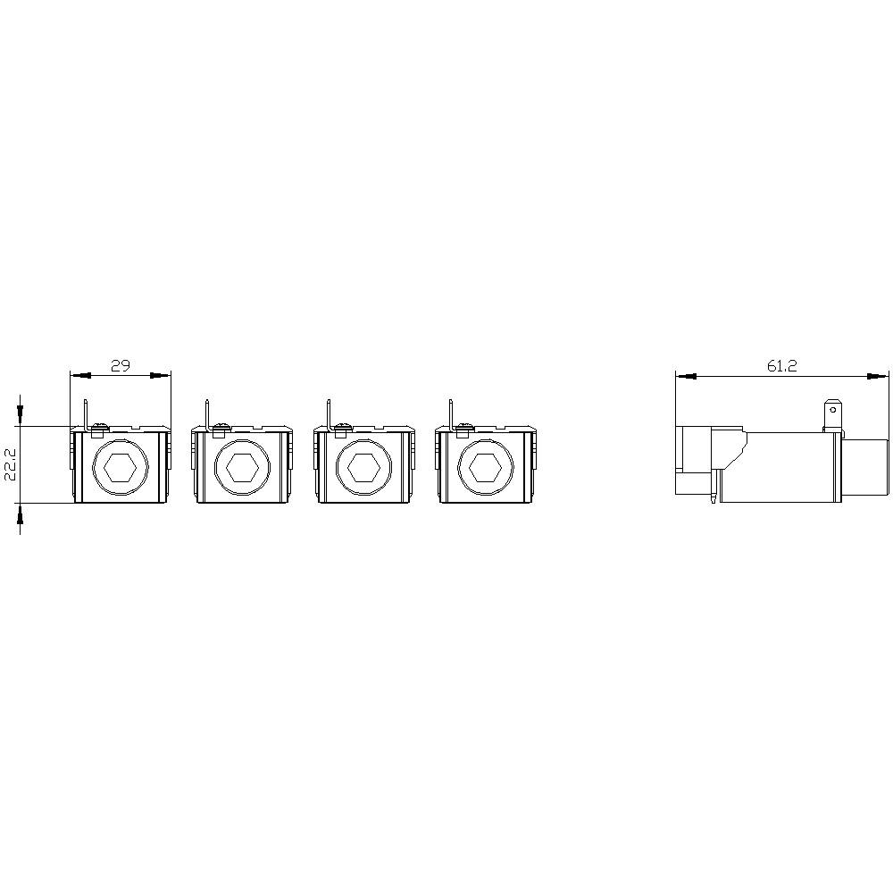 Technische Zeichnung zeigt vier identische Bauteile in einer Reihe und eine Seitenansicht rechts. Maße: 29 mm Breite, 222 mm Gesamtlänge.
