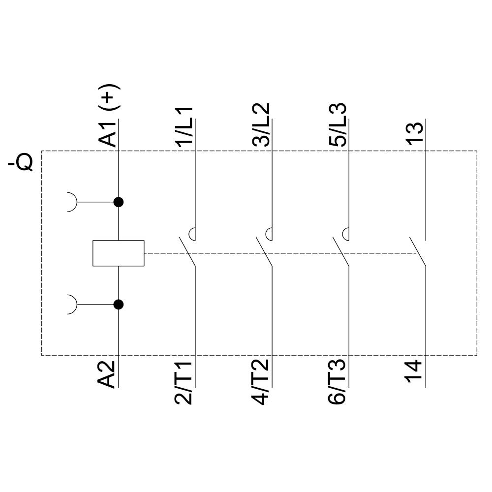 Schaltschema eines elektrischen Steuerkreises mit mehreren Schalterpositionen und beschrifteten Kontakten: A1(+), A2, 1/L1 bis 13, 14.