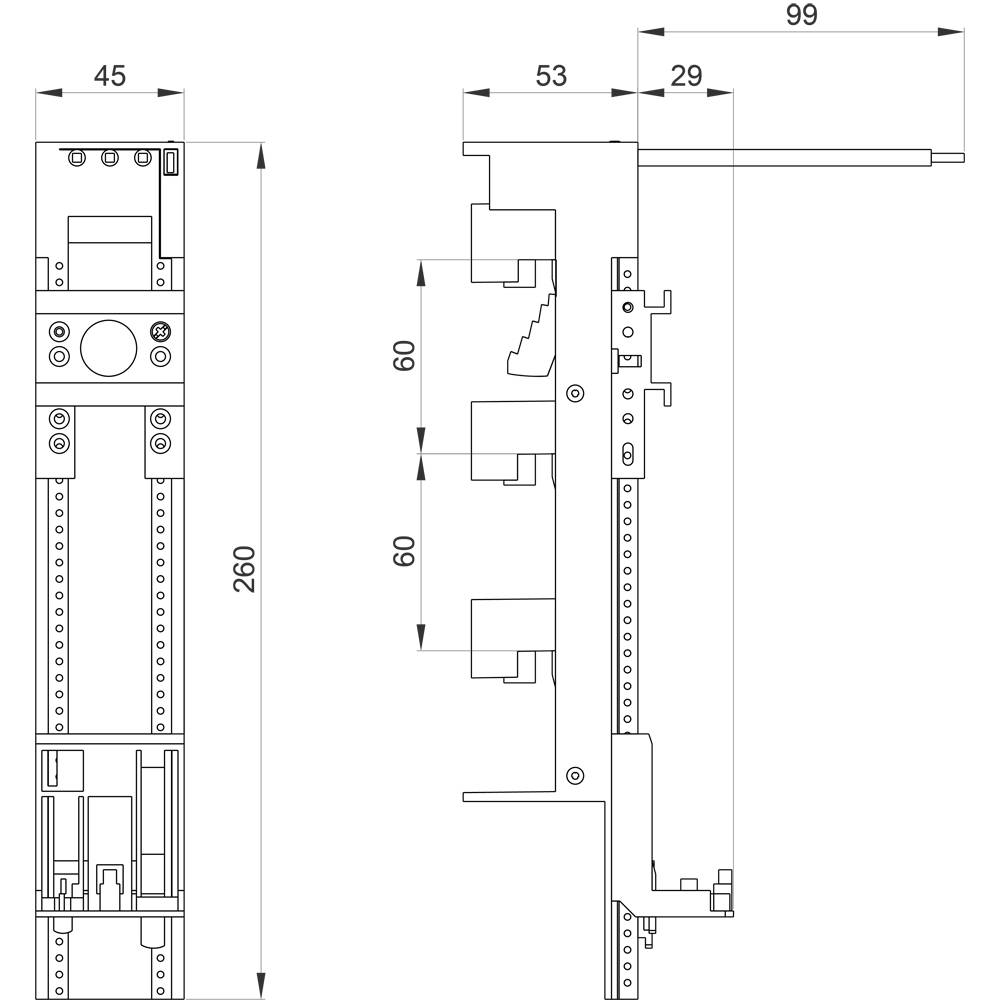 Technische Zeichnung eines mechanischen Bauteils mit Maßen in Millimetern: Höhe 260, Tiefe 99, Breite 45. Enthält detaillierte Ansichten.