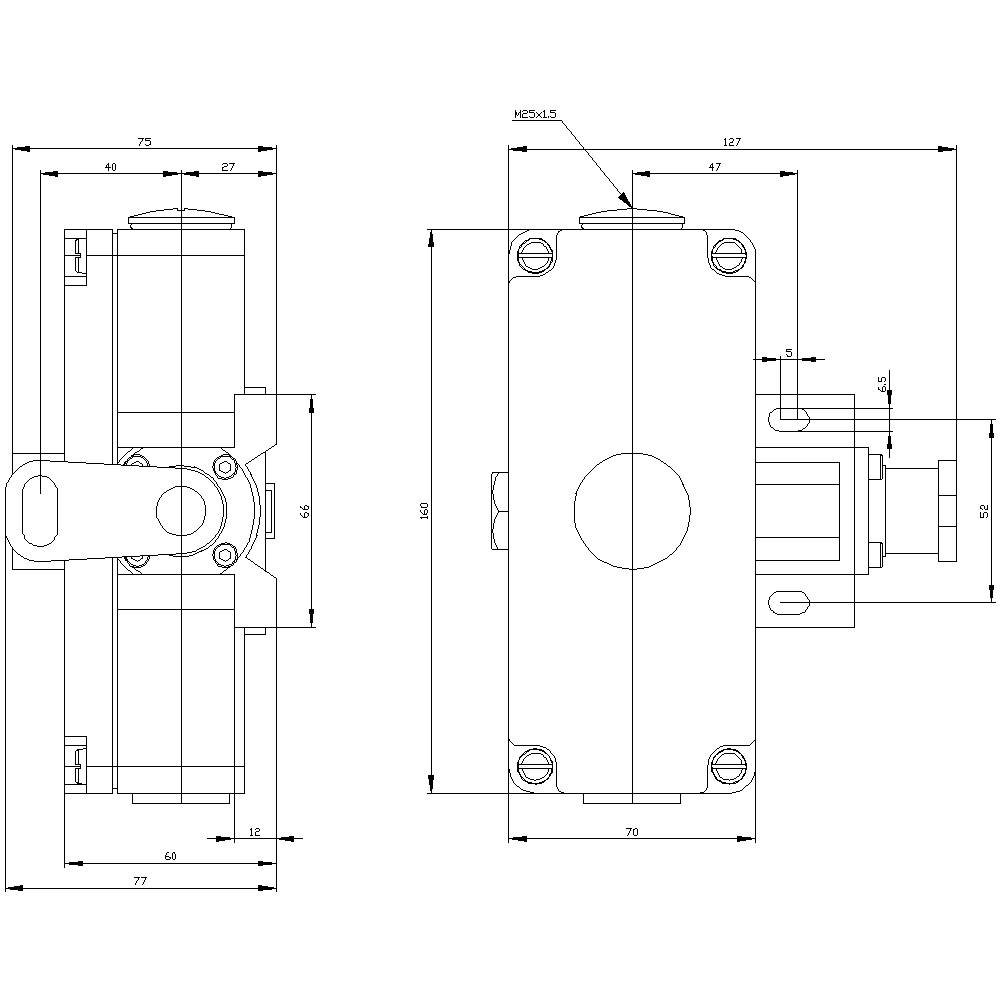 Technische Zeichnung eines mechanischen Teils mit seitlicher und oberer Ansicht. Maße sind in Millimetern angegeben.