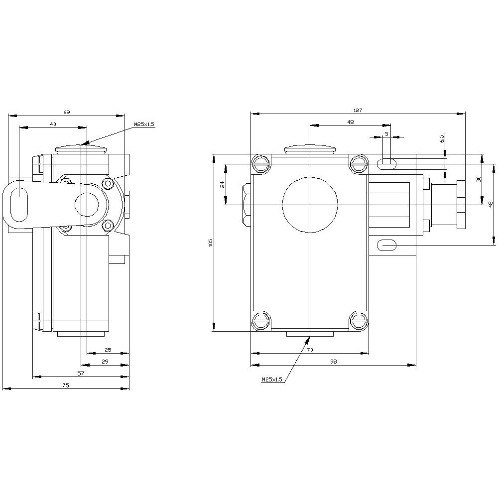 Technische Zeichnung einer Gehäuserückseite mit detaillierten Abmessungen. Enthält Ansichten von der Vorder- und der Seitenansicht mit Maßangaben.