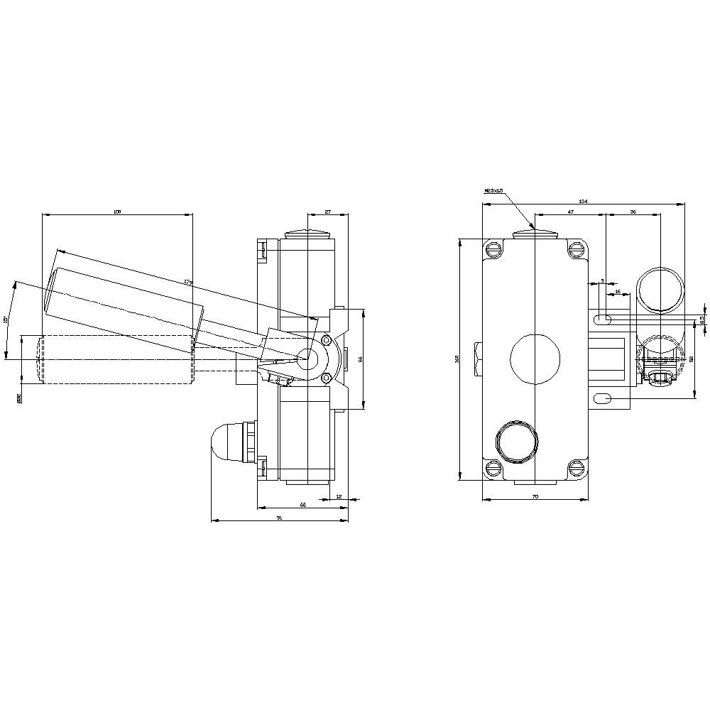 Technische Zeichnung eines mechanischen Bauteils mit mehreren Ansichten und Maßangaben, zeigt Details und Abmessungen.