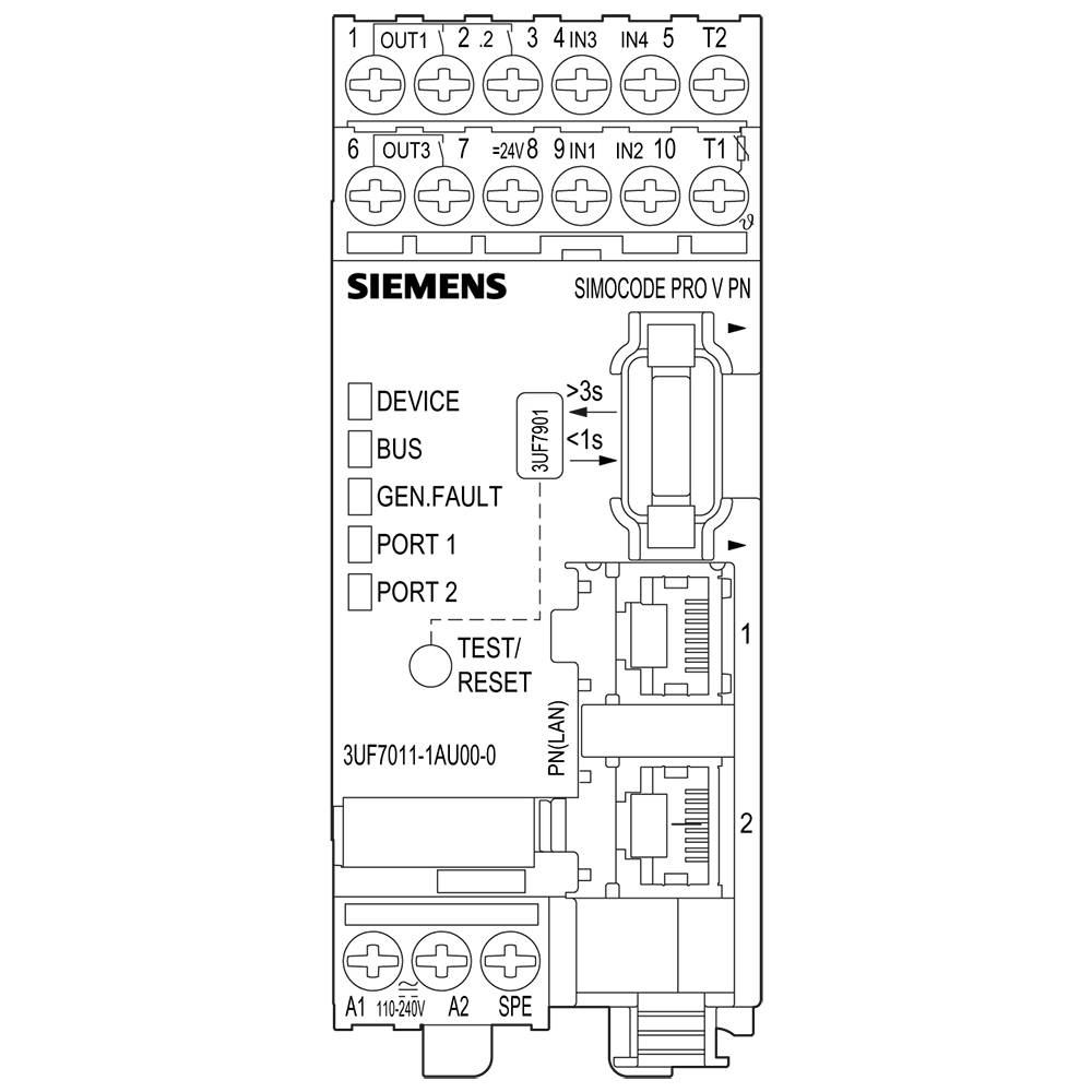 Steuergerät mit Anschlussklemmen oben, LED-Anzeigen für Gerät, Bus, Fehler, zwei Ports, Test-/Reset-Taste, Markenname.