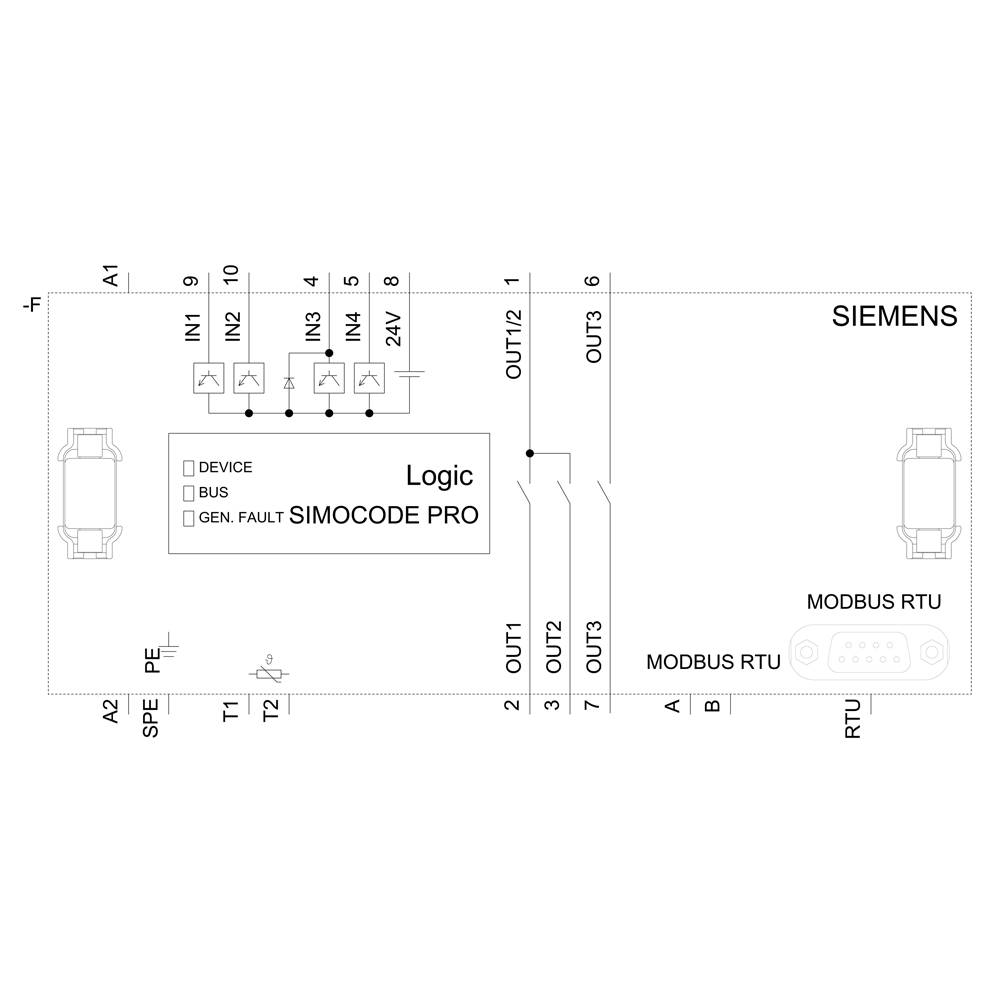 Ein Schaltplan des SIMOCODE PRO von Siemens zeigt Eingänge, Ausgänge, und Modbus RTU-Anschlüsse mit beschrifteten Klemmen.