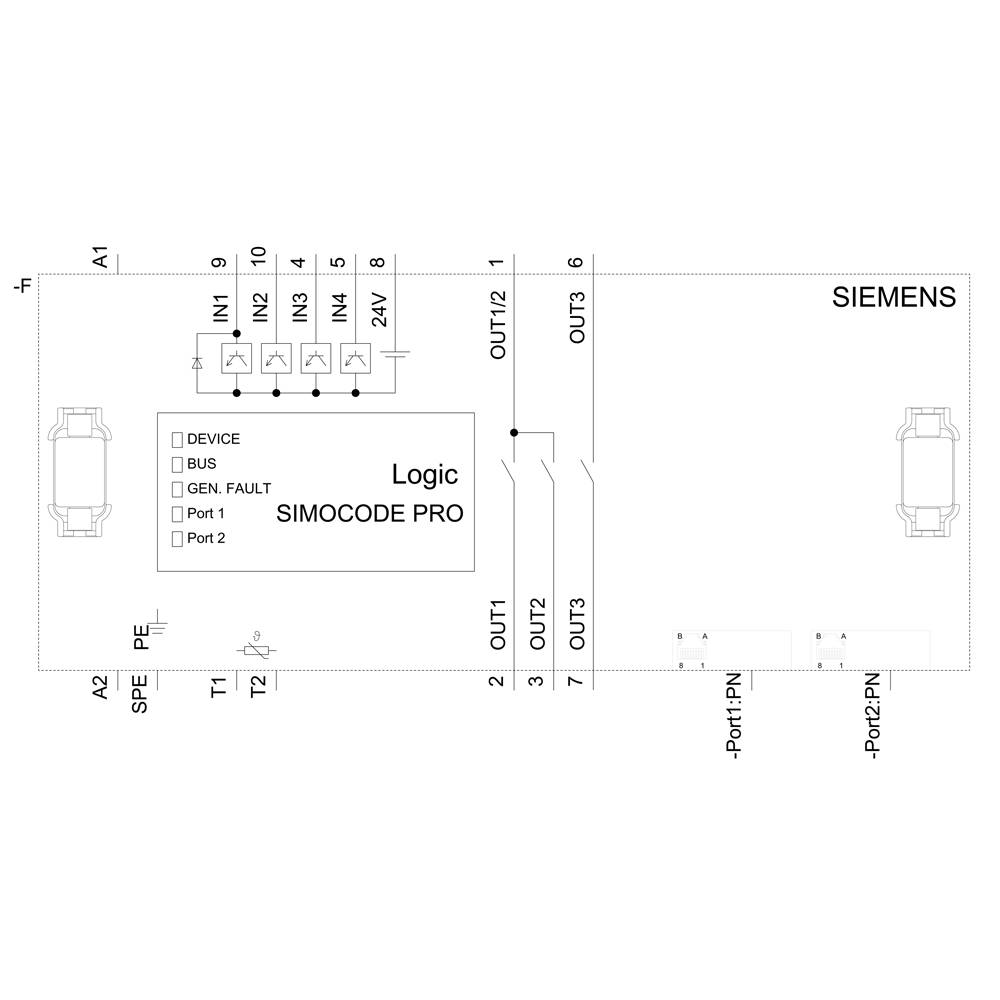 'SIEMENS SIMOCODE PRO' Schaltdiagramm mit Anschlüssen, Logik-Steuerungseinheiten und Port-Kennzeichnungen für Industriesysteme.