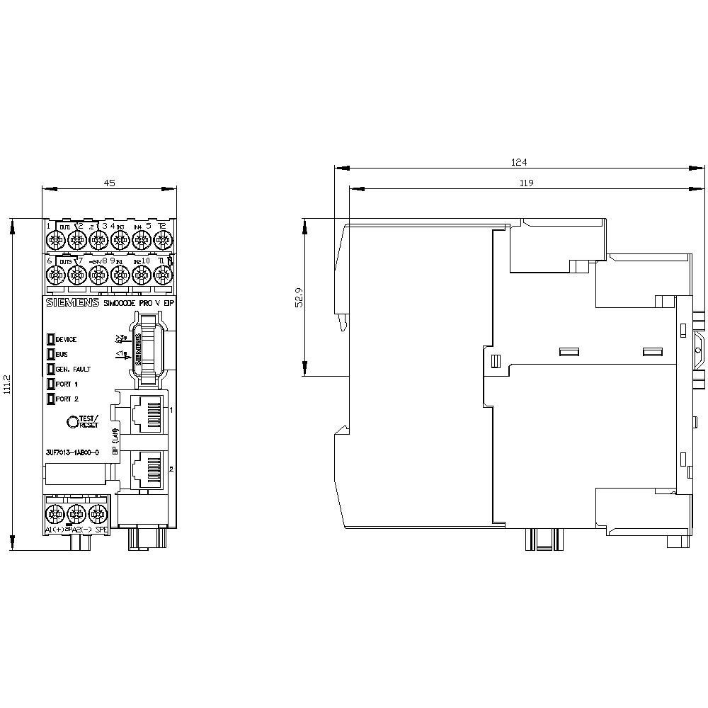 Zeichnung eines industriellen Gerätmoduls mit mehreren Anschlüssen, Tasten und Anzeigen. Maße sind 119 mm x 112 mm x 45 mm.