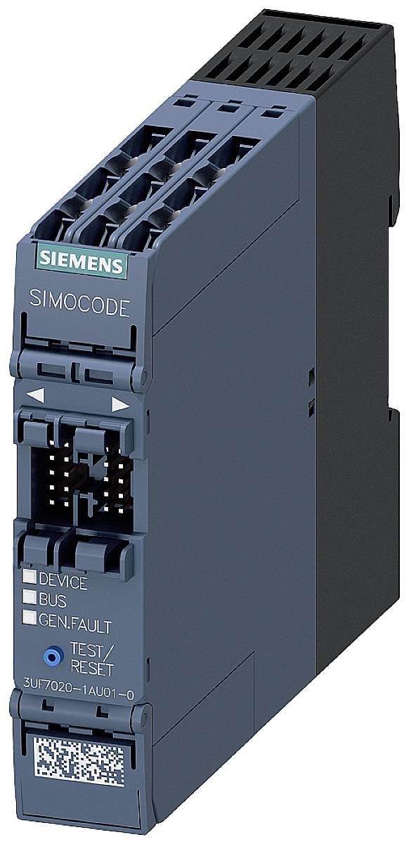 'Siemens SIMOCODE-Modul' in dunklem Gehäuse mit Anschlüssen und Statusanzeigen für 'Device', 'Bus', 'Gen. Fault', sowie 'Test/Reset'-Taste.