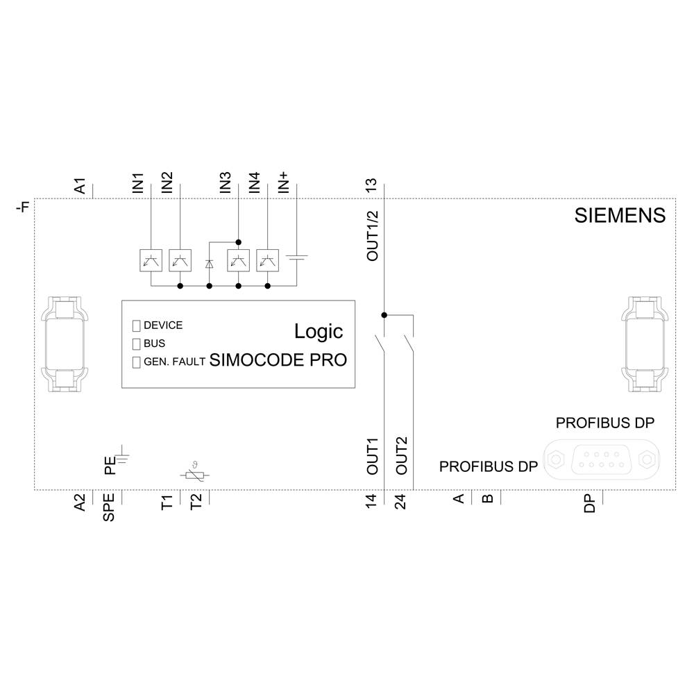Schaltplan eines Siemens SIMOCODE PRO mit drei Eingängen (IN1, IN2, IN3) und Ausgängen (OUT1, OUT2), zeigt die Logik- und Busverbindung.