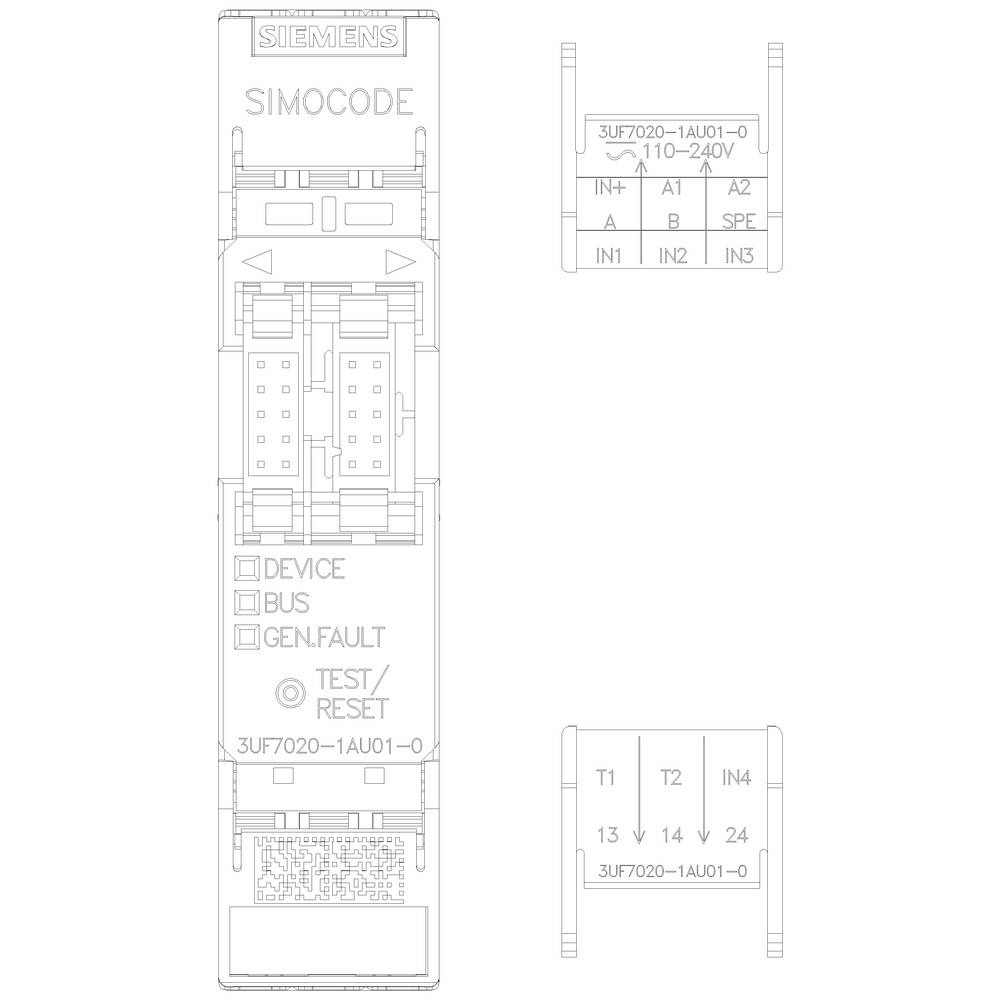 Siemens SIMOCODE-Modul für Motorsteuerung, zeigt Ein- und Ausgangsanschlüsse. Anzeigelampen für Gerät, Bus, Fehler. Code: 3UF7020-1AU01-0.
