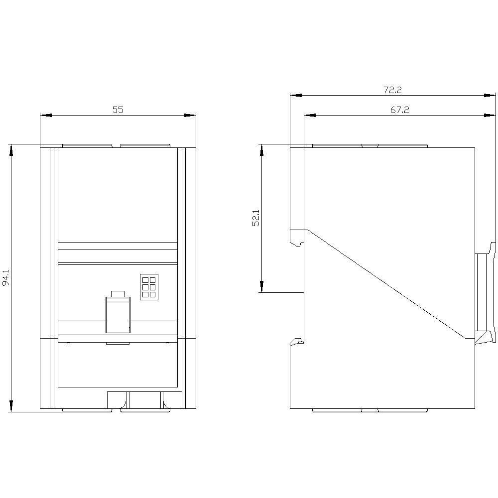 Maßzeichnung eines rechteckigen Geräts mit digitalem Bedienfeld. Maße: Höhe 941 mm, Breite 55 mm, Tiefe 72,2 mm.