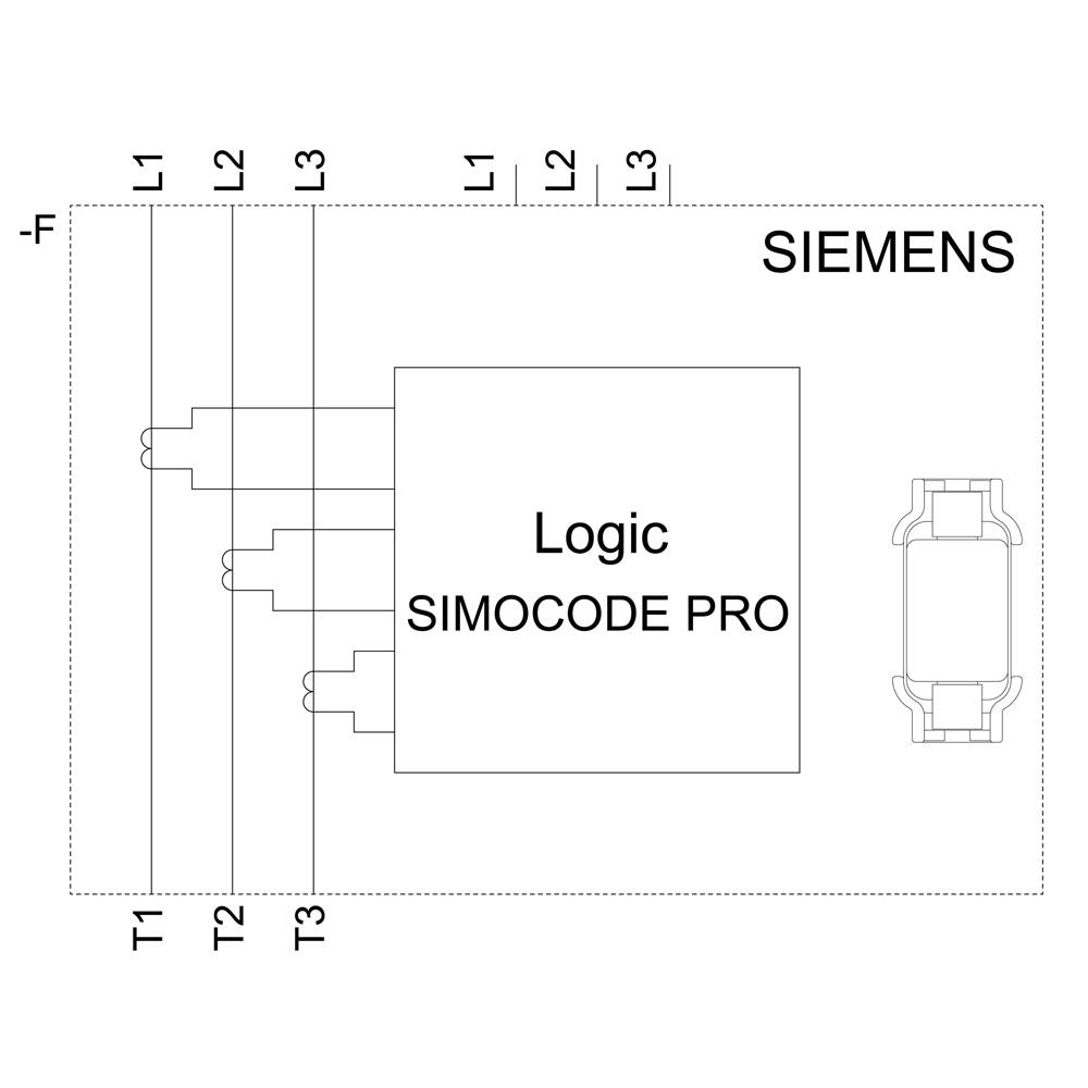 Schaltplan zeigt einen Siemens SIMOCODE PRO mit Verbindungen zu T1, T2, und T3, sowie Eingängen L1, L2, L3 und F.