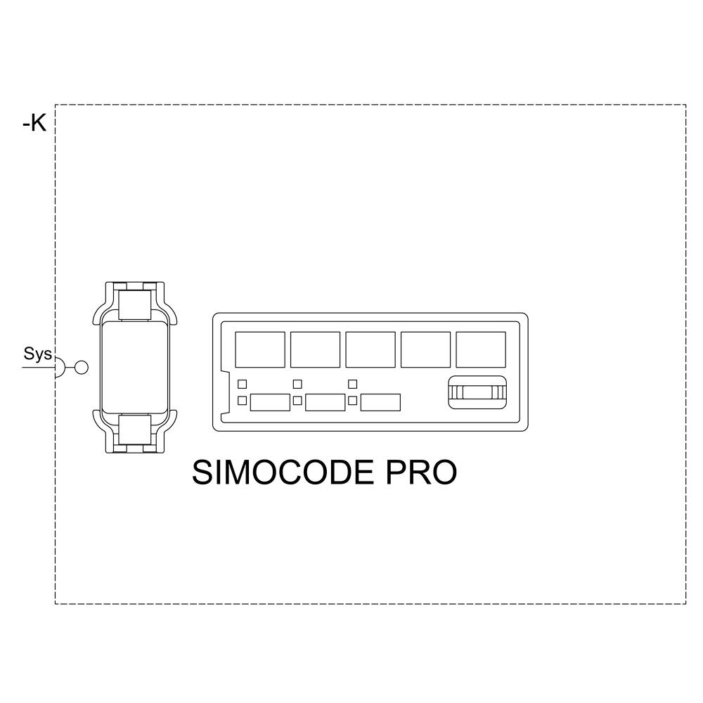 Diagramm zeigt SIMOCODE PRO Modul. Auf der linken Seite ist ein Symbol für eine Verbindung, bezeichnet mit -K und Sys.