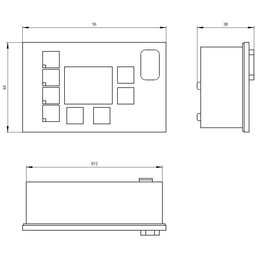 Diagramm eines rechteckigen Geräts mit Abmessungen: Breite 96 mm, Höhe 60 mm, Tiefe 91,5 mm. Ansicht von vorne, oben und Seite.