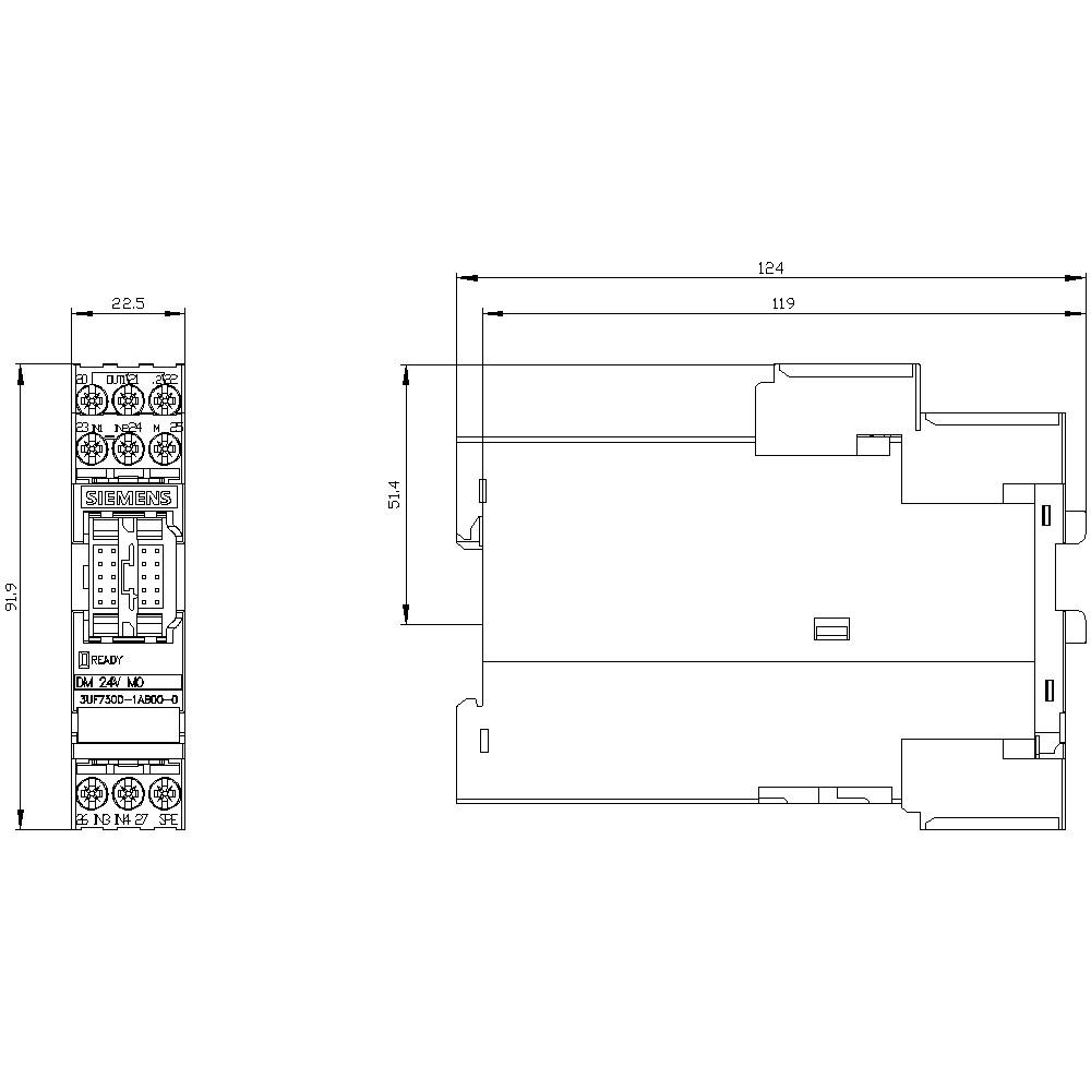 Elektrisches Schaltgerät mit Abmessungen: 124 mm x 119 mm x 22,5 mm. Zeigt Vorder- und Seitenansicht mit Anschlussklemmen.