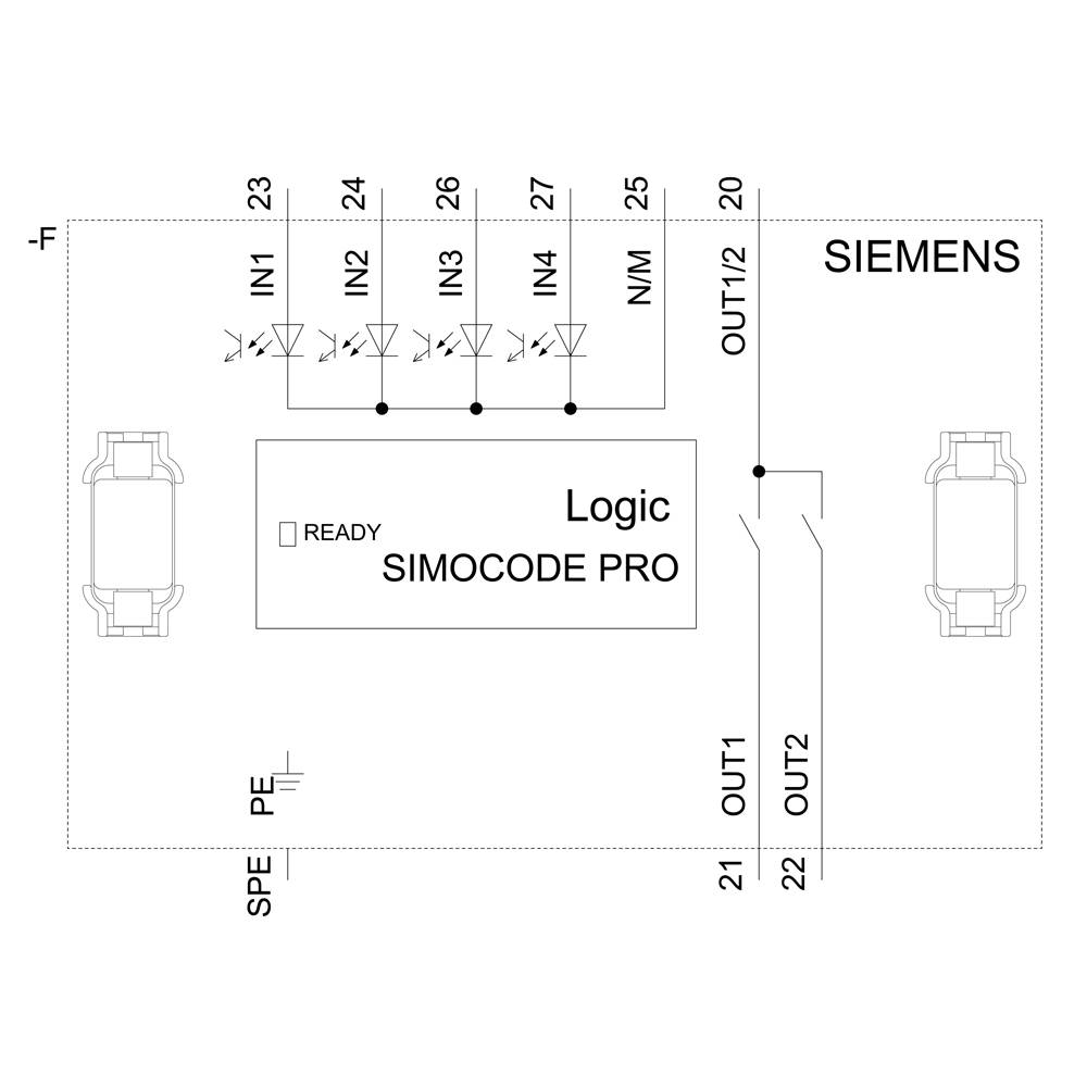 Schaltplan eines Siemens SIMOCODE PRO Geräts mit Anschlüssen IN1 bis IN4 und OUT1 bis OUT2, zeigt die Logiksteuerung und Statusanzeige.