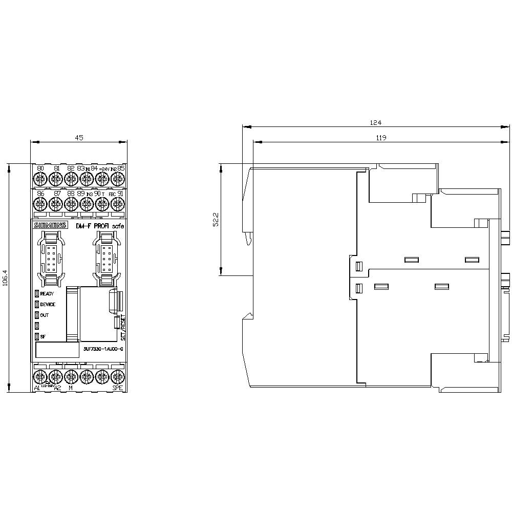 Technische Zeichnung: Zweidraht-Stromüberwachungsrelais mit Abmessungen 124x162x45 mm. Zeigt Anschlüsse und Gehäuseform.