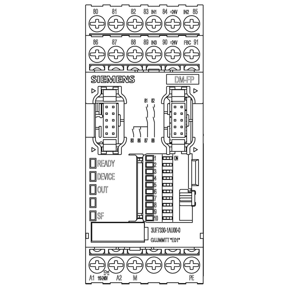 'Siemens' Verdrahtungsdiagramm eines I/O-Moduls mit Anschlüssen und LED-Anzeigen für Bereitschaft, Gerät, Ausgang und Fehlerstatus.