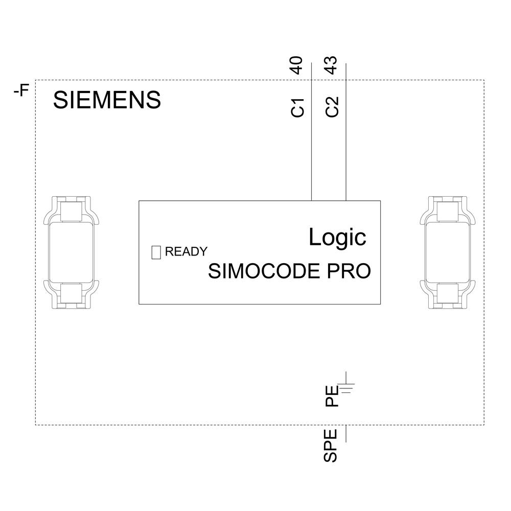 'SIEMENS SIMOCODE PRO' Schaltdiagramm zeigt Logikmodul, Verbindungen C1 und C2, sowie Statusanzeige 'READY'.