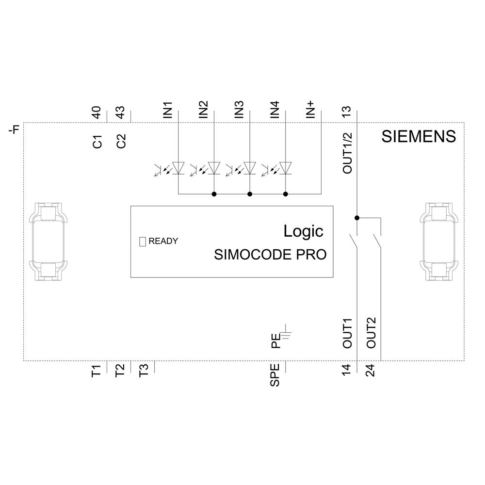 Schaltplan eines SIMOCODE PRO von Siemens mit Logikeinheit und Anschlüssen für Eingänge (IN1 bis IN4), Ausgänge (OUT1, OUT2) und Transformatoren (T1 bis T3).