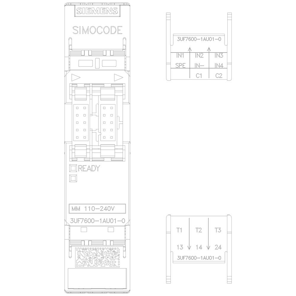 Steckplan eines Siemens SIMOCODE Moduls mit Beschriftungen wie 'READY', 'MM 110-240V' und Anschlüssen 'IN1', 'IN2', 'T1', 'T2', 'T3'.