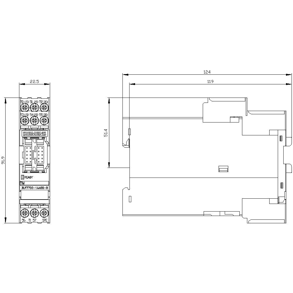 Technische Zeichnung eines elektrischen Moduls mit Abmessungen in Millimetern, zeigt Vorder- und Draufsicht zur Installation.
