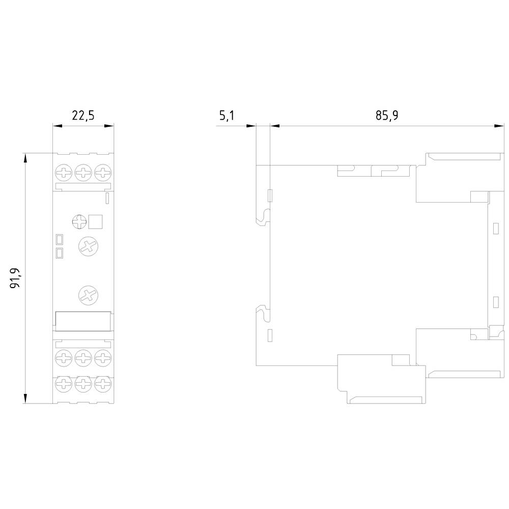 Technische Zeichnung eines elektrischen Bauteils mit Abmessungen: 22,5 mm Breite, 61,6 mm Höhe, 85,9 mm Länge und 5,1 mm Tiefe.
