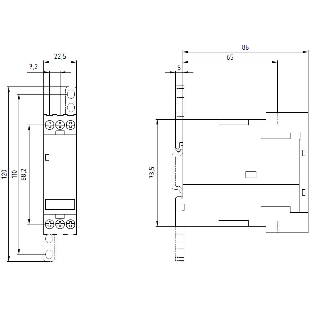Technische Zeichnung eines Elektrobauteils mit Abmessungen: 86 mm Länge, 22,5 mm Breite, 73,5 mm Höhe.