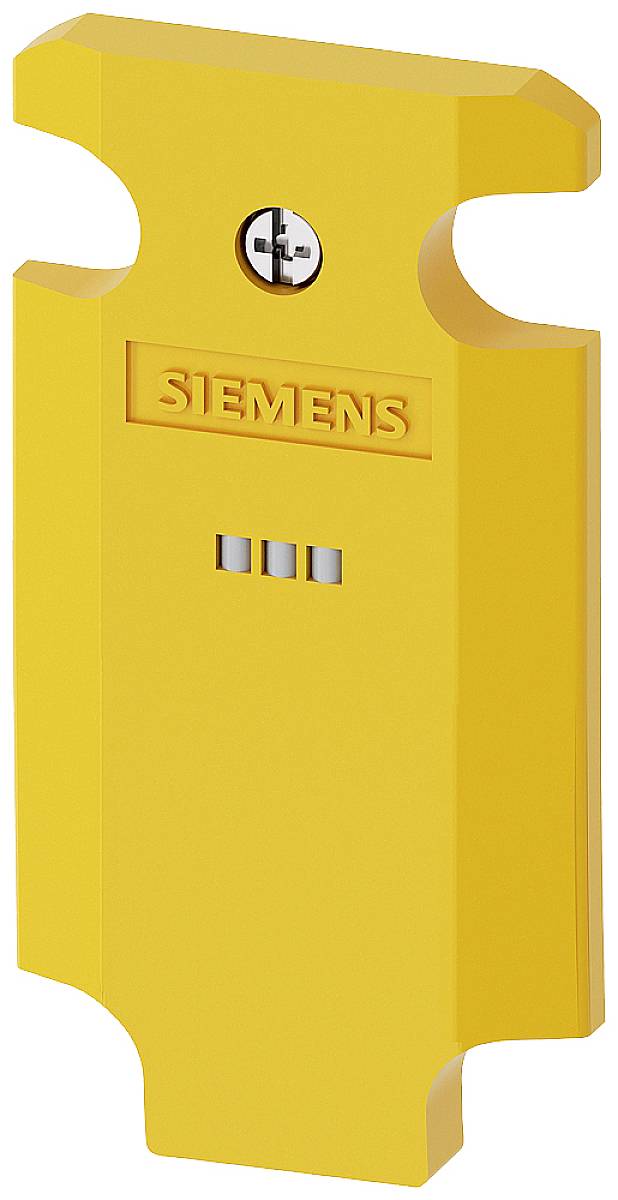 Gelbes Kunststoffabdeckungsteil mit 'Siemens'-Logo und drei rechteckigen Aussparungen in der Mitte, dient als Schutzabdeckung.