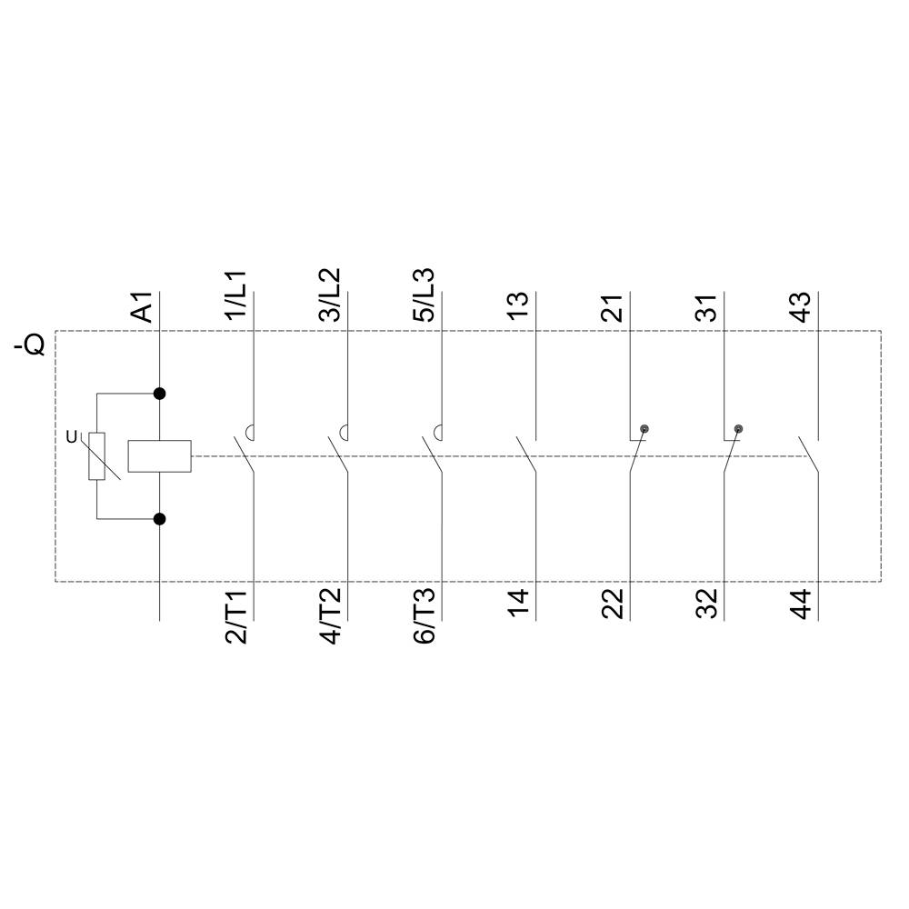 Elektronisches Schaltbild eines Relais mit Anschlüssen A1, 1/L1, 3/L2, 5/L3, und ausgehenden Verbindungen 2/T1, 4/T2, 6/T3.