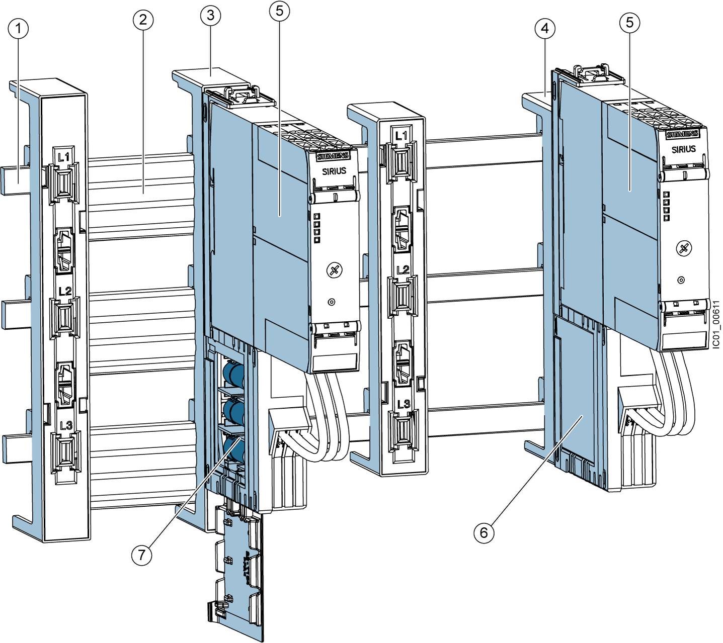 Abbildung eines modulares Schaltsystems mit nummerierten Komponenten. Zeigt Verkabelung und Anordnung auf Hutschiene mit Bedienfeld.