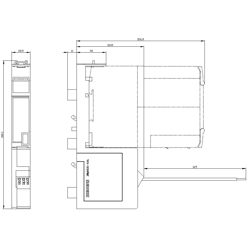Technische Zeichnung eines Spannungswandlers, zeigt Dimensionen und frontale sowie seitliche Ansichten mit beschrifteten Maßen.
