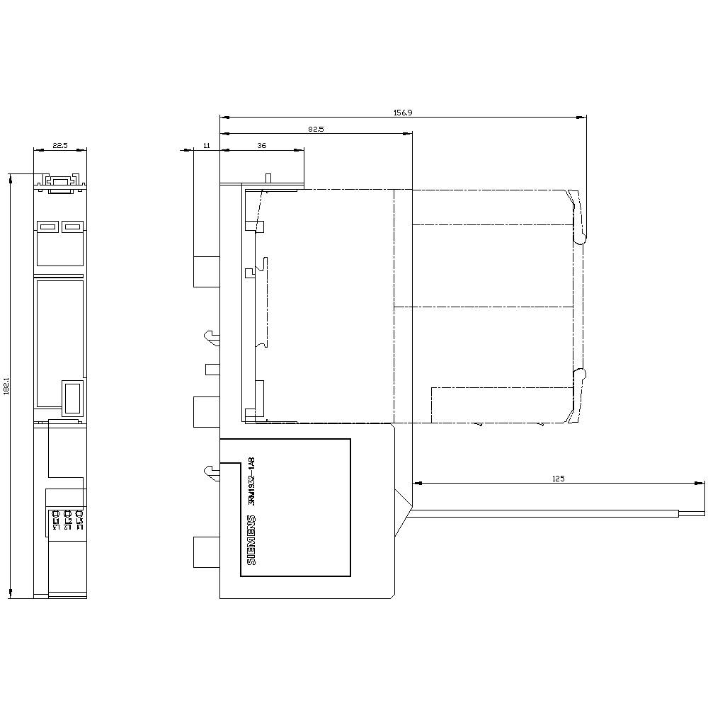 Technische Zeichnung eines elektronischen Geräts mit Front-, Seiten- und Draufsicht. Abmessungen und Anschlüsse sind detailliert dargestellt.