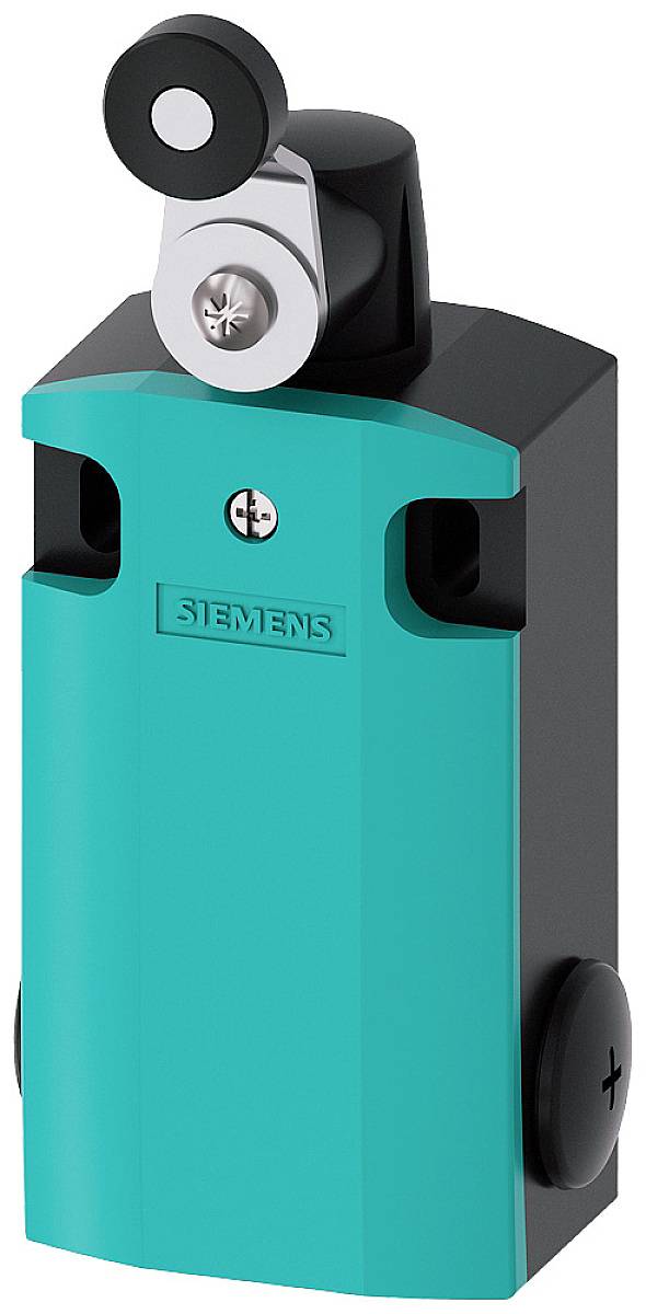 Industrieller Endschalter in Türkis und Schwarz mit Hebelarm, verwendet zur Maschinensteuerung.