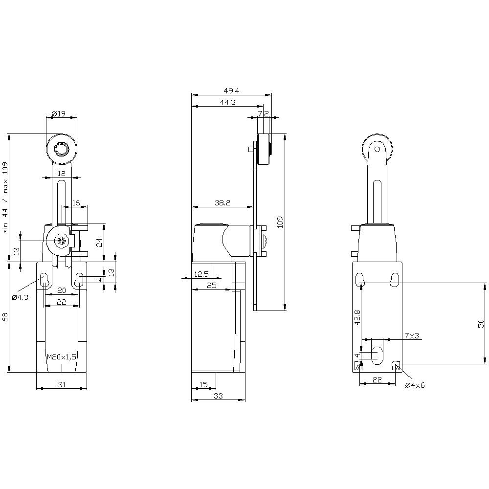 Siemens 3SE52320LK50 3SE5232-0LK50 Positionsschalter 6A Schwenkhebel, Metallhebel, Kunststoffrolle IP65 1St.