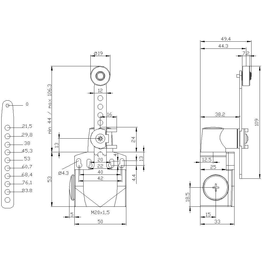 Technische Zeichnung eines mechanischen Bauteils mit Maßen und Beschriftungen. Zeigt Ansichten von vorne und von der Seite.