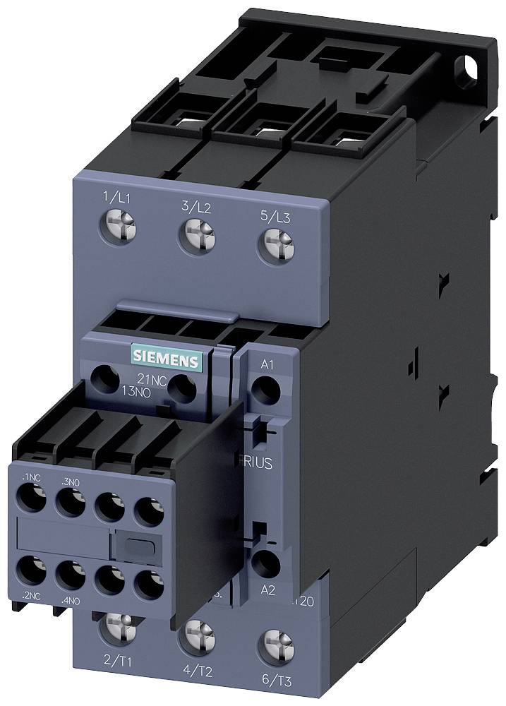 Ein schwarzer Elektrokontaktor der Marke Siemens mit mehreren Anschlusspunkten, gekennzeichnet für industrielle Schaltkreise.