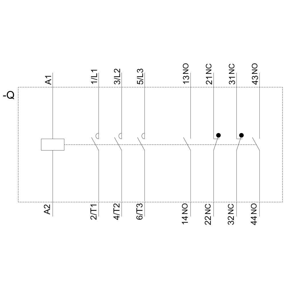 Schematische Darstellung eines Schaltplans: Anschlüsse A1 und A2, mit Kontakten 1L1, 3L2, 5L3, 2/T1, 4/T2, 6/T3, 13NC, 14NO, 22NC, 32NC, 31NO, 43NO.