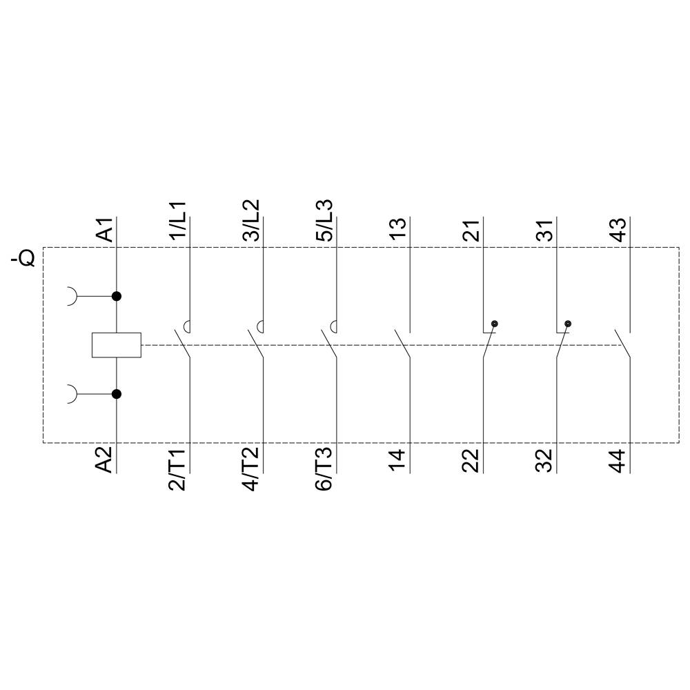 Schaltplan eines elektrotechnischen Schaltgeräts mit verschiedenen Anschlüssen, gekennzeichnet mit A1, A2, L1, L2, L3 und T1 bis T4.