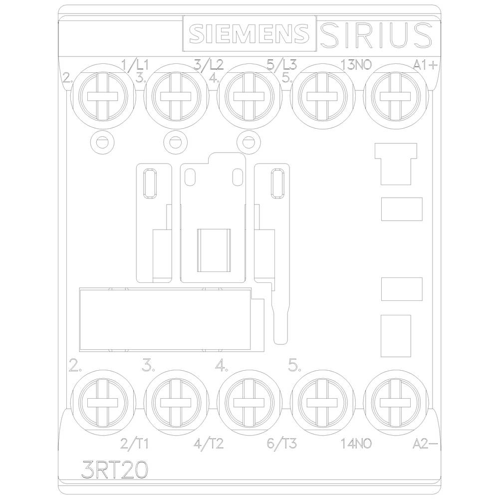 'Siemens Sirius 3RT20 Schütz' Schaltplandiagramm mit Beschriftung der Anschlussklemmen und Schaltkontakte auf der Vorderansicht.