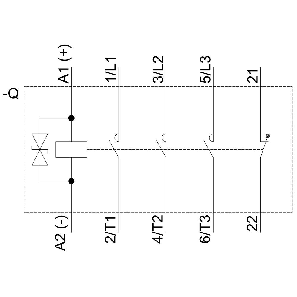 Schütz-Schaltplan mit Spulenanschlüssen A1(+) und A2(-). Hauptanschlüsse: 1/L1, 3/L2, 5/L3 oben; 2/T1, 4/T2, 6/T3, 21, 22 unten.