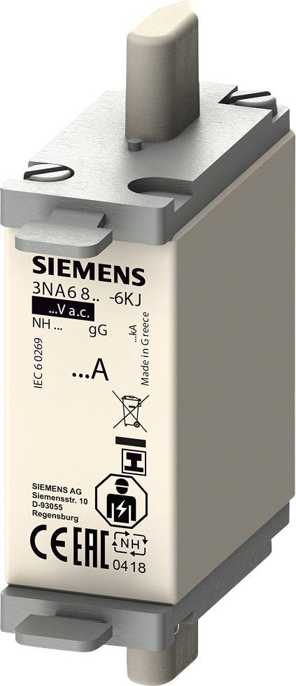 Sicherungseinsatz von Siemens, Modell 3NA6, 63A, 690V. Helles Gehäuse mit grauen Metallenden, verwendet für elektrische Sicherungen.