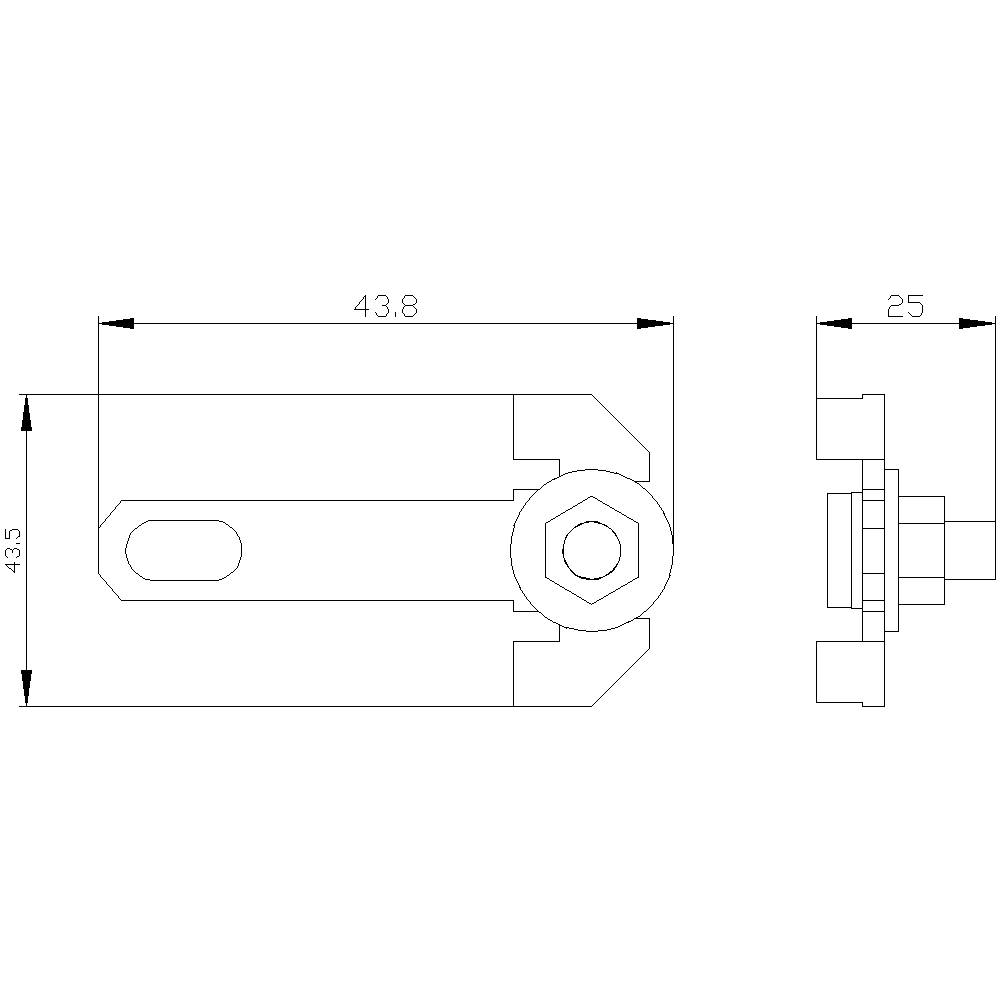 Technische Zeichnung eines Bauteils mit Abmessungen: Länge 43,8 mm, Breite 25 mm. zeigt Draufsicht und Seitenansicht der Komponente.